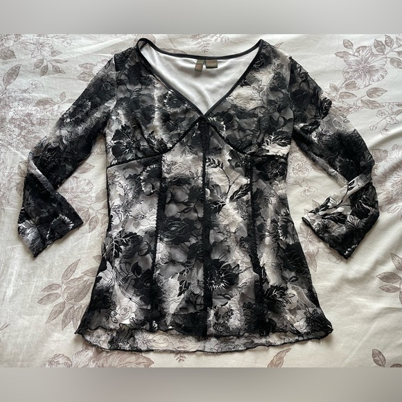 Y2K Black White Floral Mesh Babydoll Long Sleeve Corset Top Small Whimsigoth - Picture 1 of 8